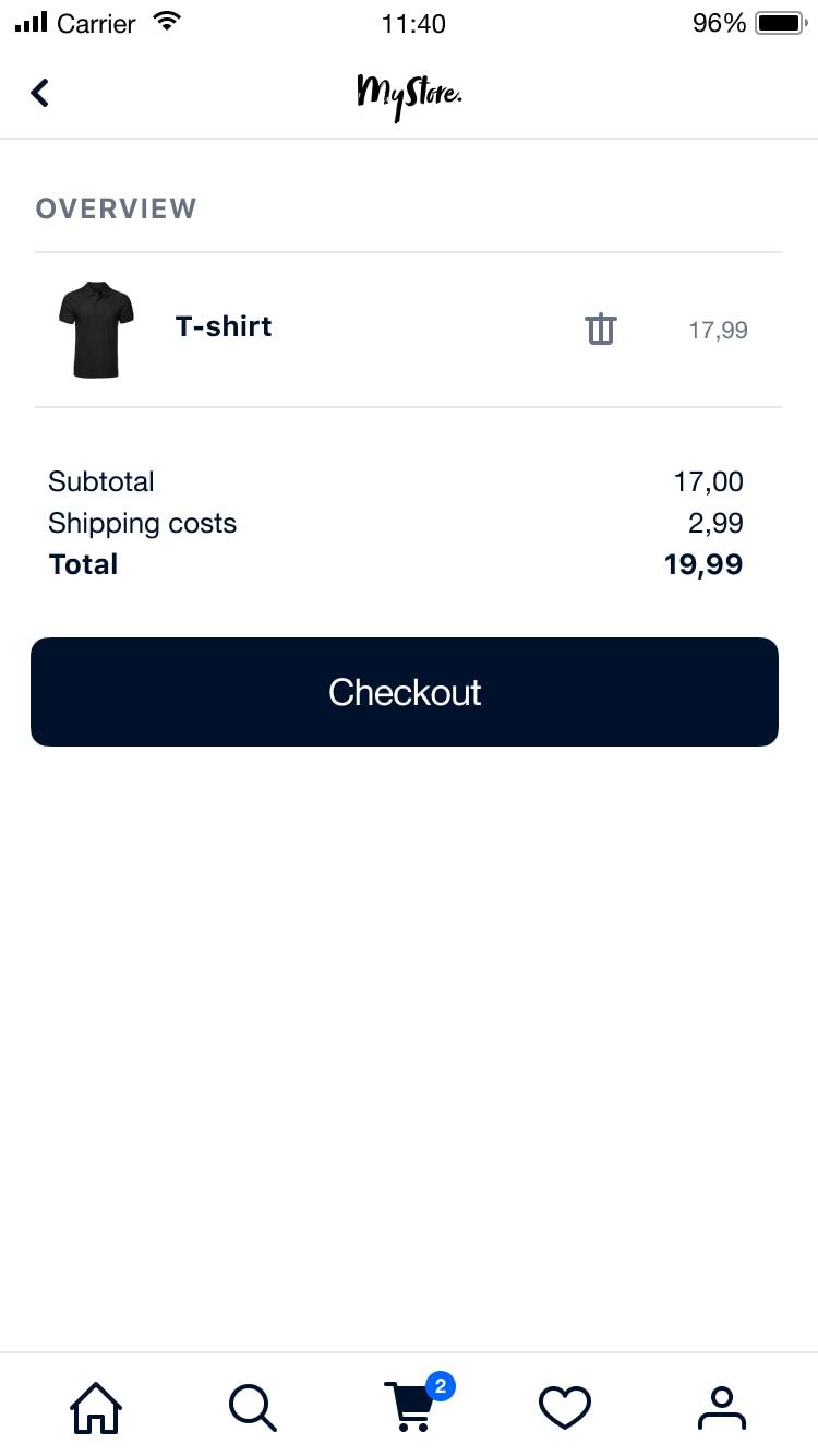 Mobile screen showing a checkout page with an itemized list including a T-shirt, subtotal, shipping costs, and a checkout button.