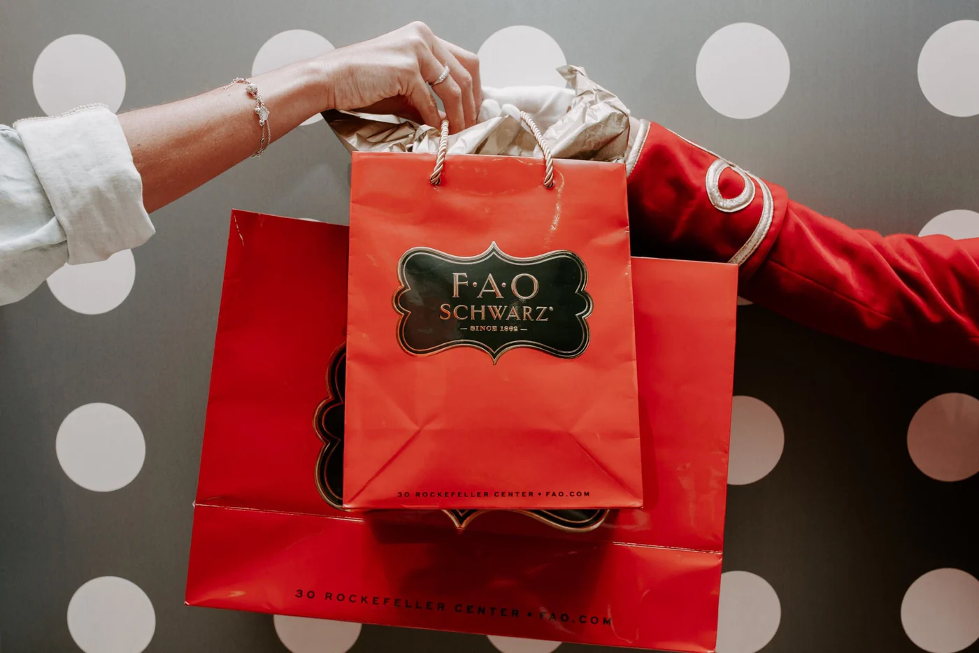 Person holding shopping bags with FAO Schwarz branding at a retail location