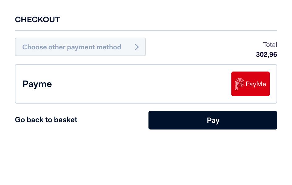 Online payment checkout screen displaying total amount and a PayMe payment option button.