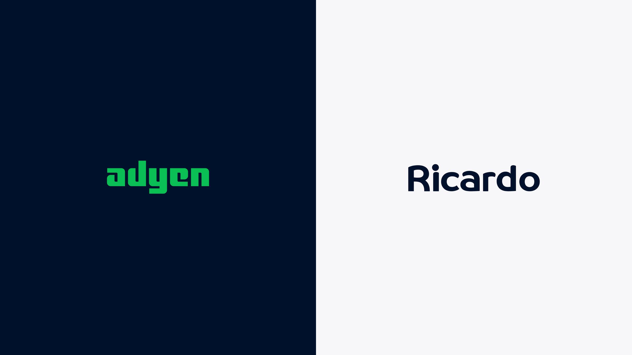 Adyen Logo neben dem Namen Ricardo auf dunklem Split-Hintergrund