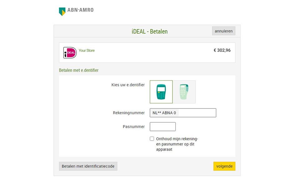 Interfaccia di pagamento Adyen iDEAL che mostra una transazione di €302,96 con la banca ABN AMRO