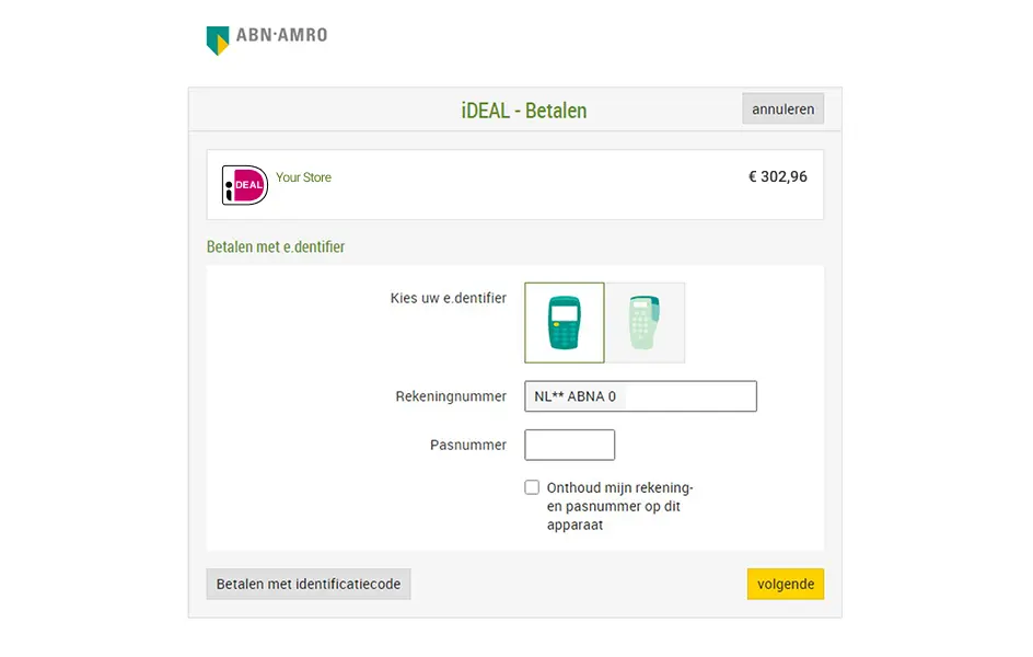 Adyen iDEAL payment interface showing a transaction of 302.96 with ABN AMRO bank.