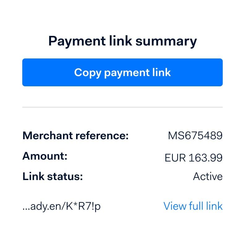 User interface for copying a payment link displaying a summary with merchant reference and amount.