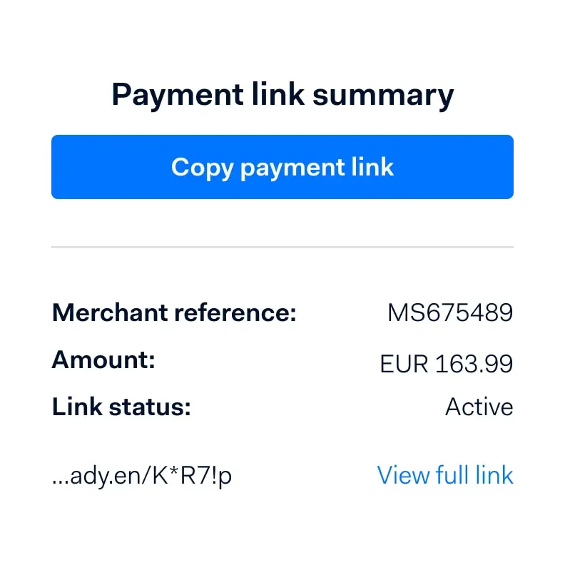 User interface for copying a payment link displaying a summary with merchant reference and amount.