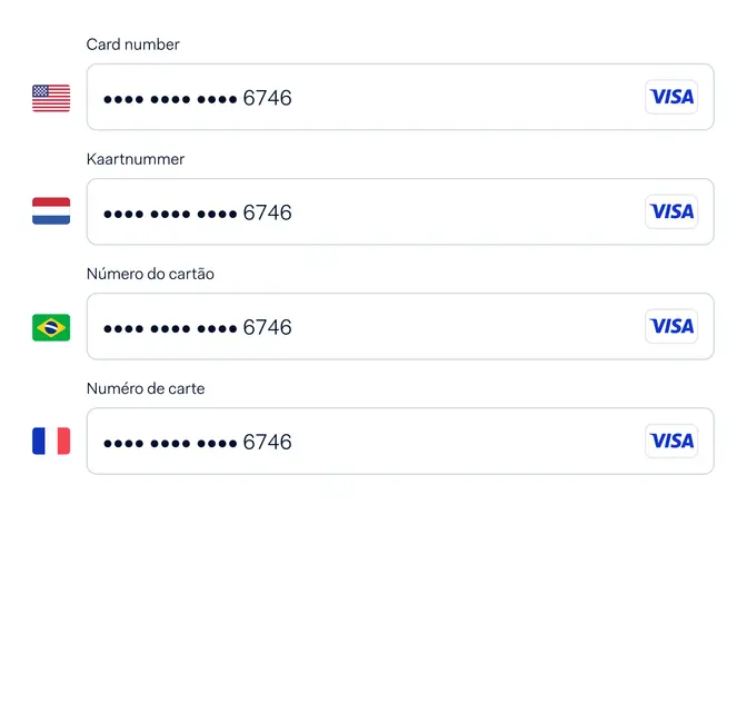 Adyen payment form UI displaying partial credit card numbers in various languages with Visa logos.