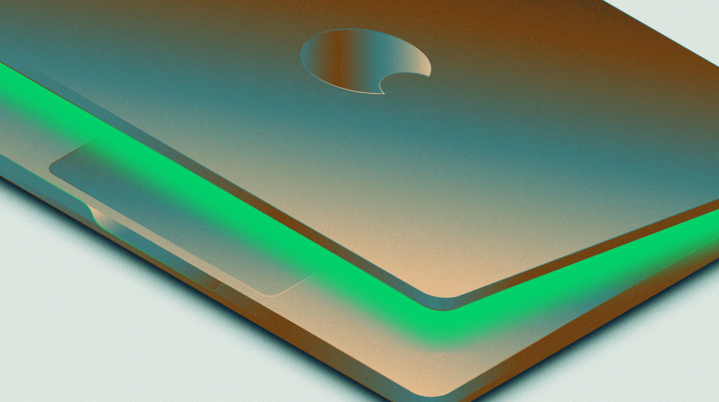 A laptop opening and showing a green glowing light.