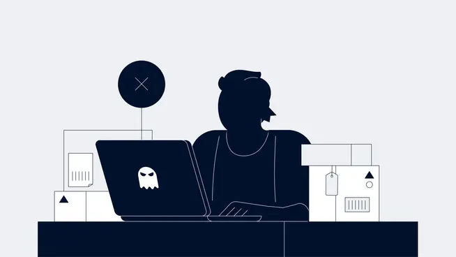 An illustration of a person sitting in front of a laptop committing friendly fraud