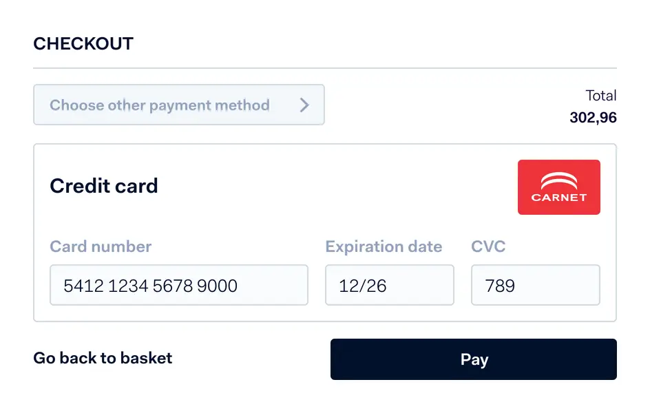 Online payment checkout interface with credit card option and a Carnet logo displayed.