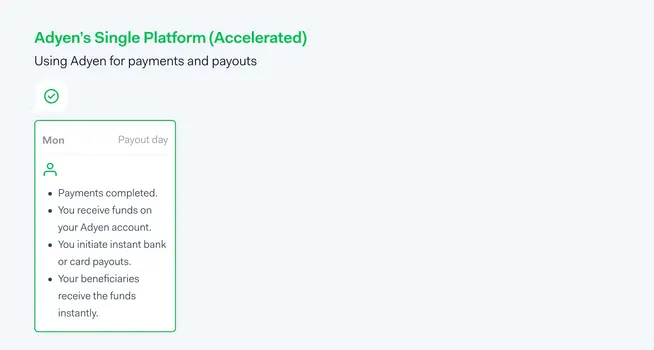 Adyen's Single Platform features for payment completion and payout schedule on a Monday.