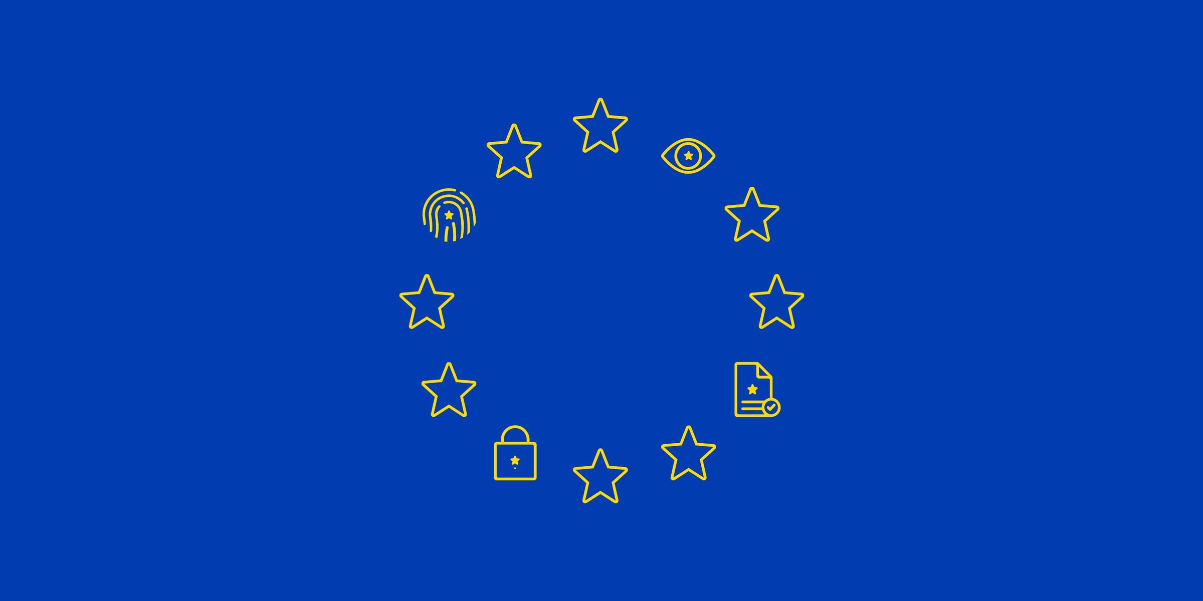 Blue background with yellow stars arranged in a circular pattern, including symbols for security and payment.