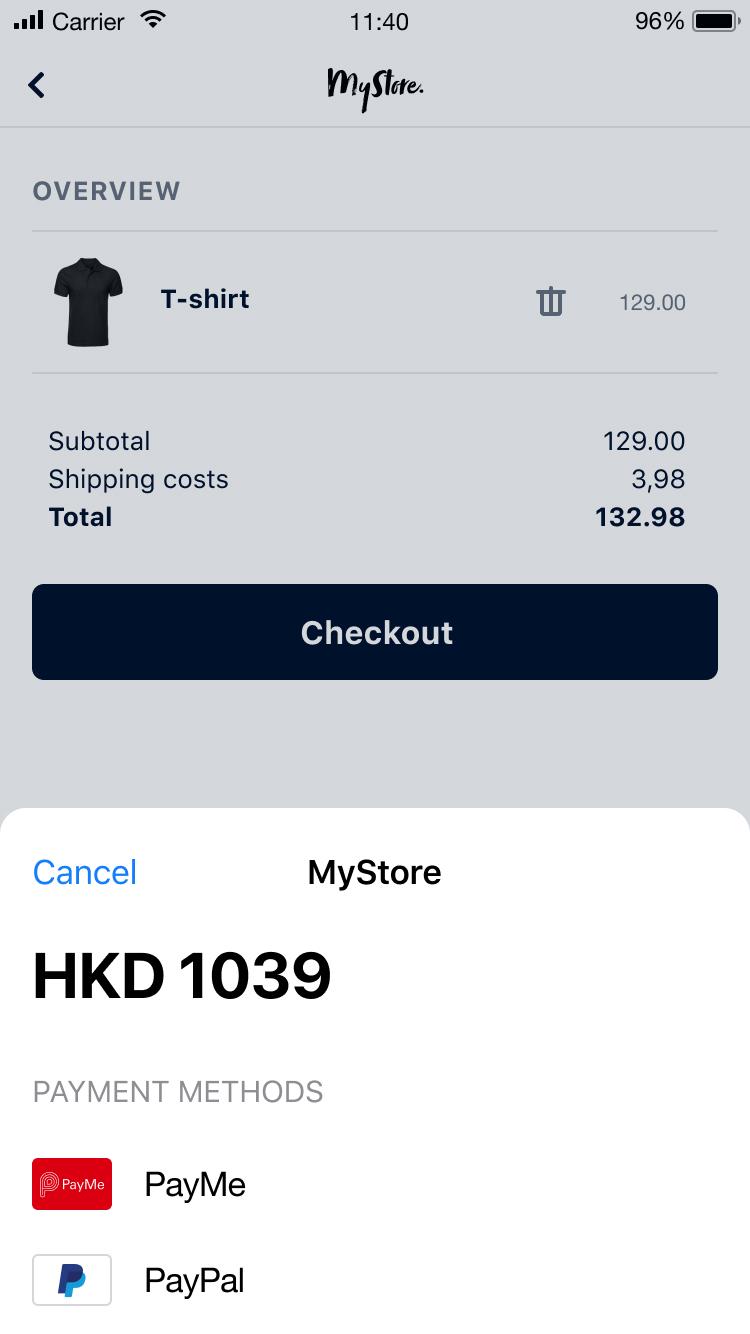 Mobile shopping cart screen showing a black T-shirt, total cost, checkout button, and payment options including PayMe and PayPal.