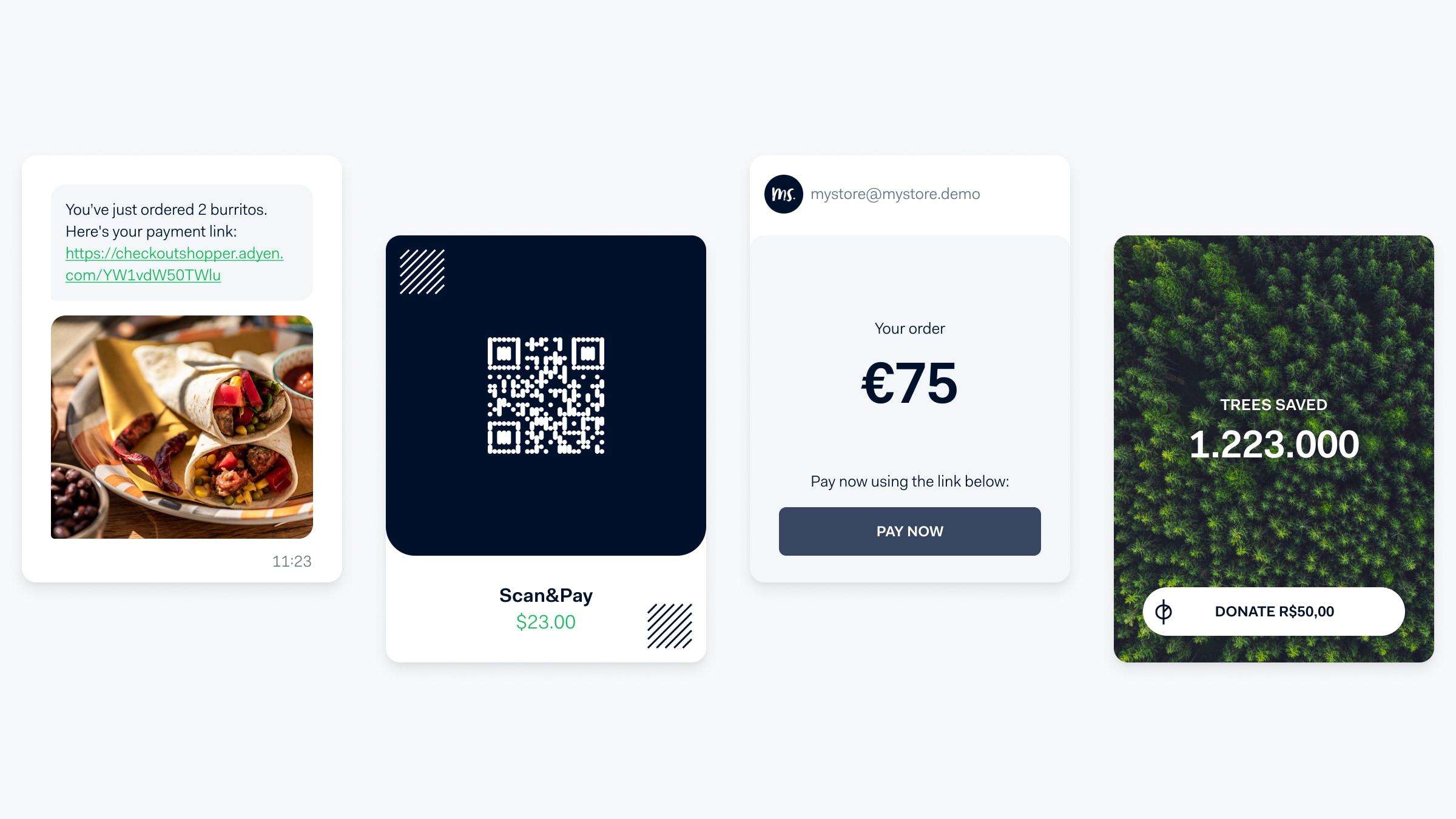 Adyen Zahlungsseiten mit Bestelldetails, QR-Code für Zahlung und Umweltauswirkungen