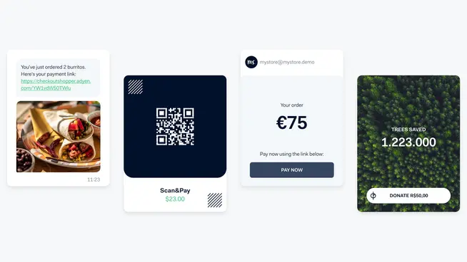 Adyen payment page samples showing order details, QR code for payment, and environmental impact