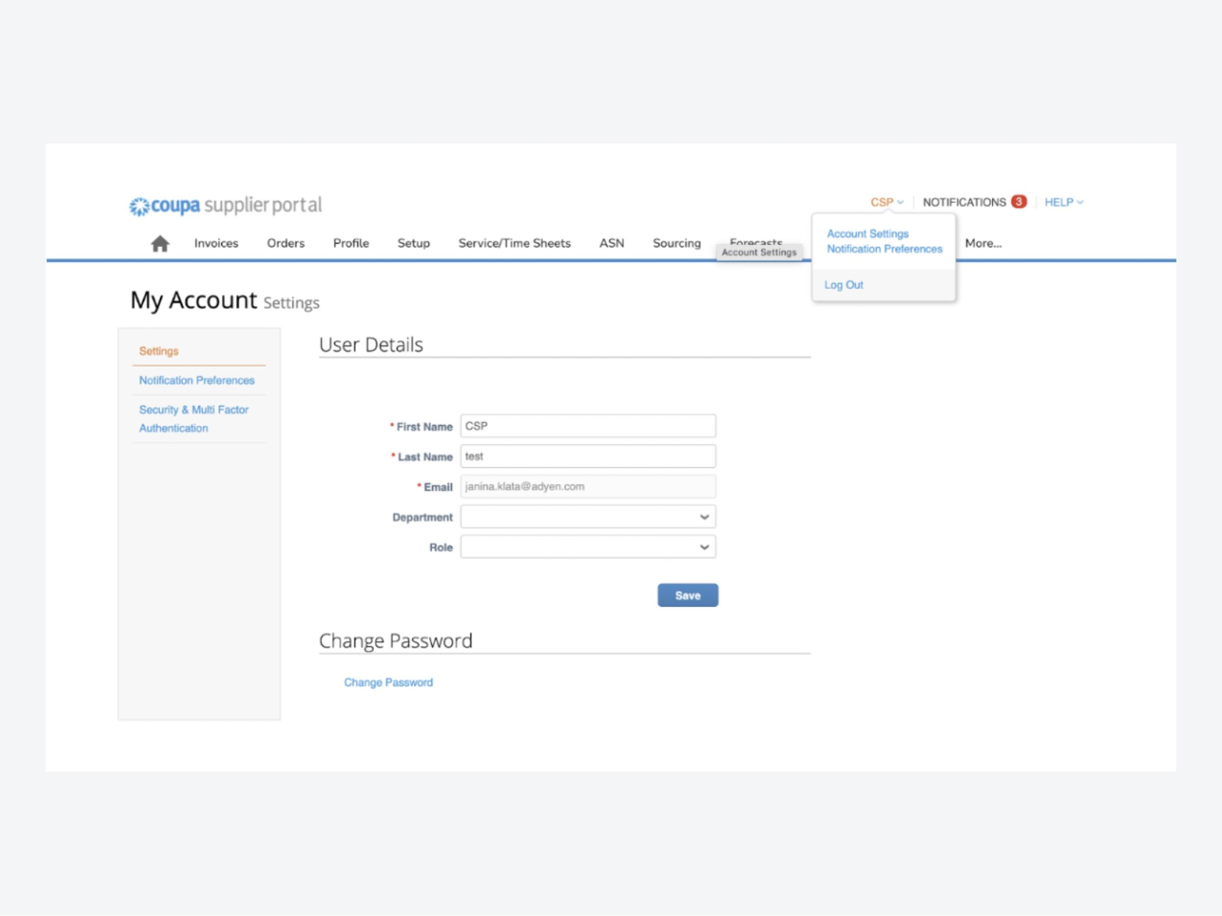 Screenshot of UI interface of vendor supplier portal Coupa