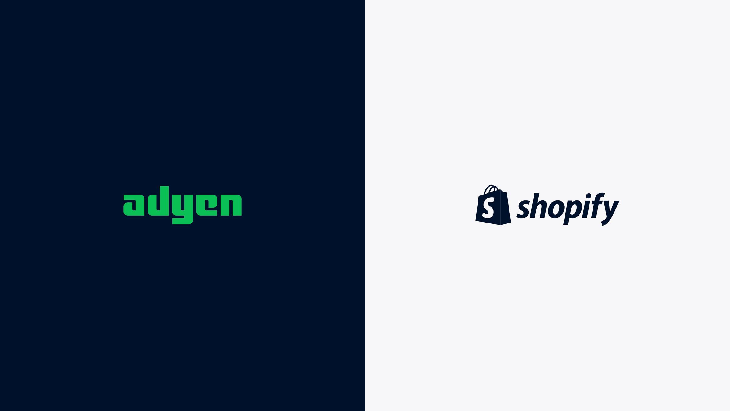 Adyen and Shopify logos side by side on dark and light backgrounds.