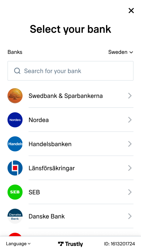 Mobile banking interface displaying a selection of Swedish banks for payment processing.