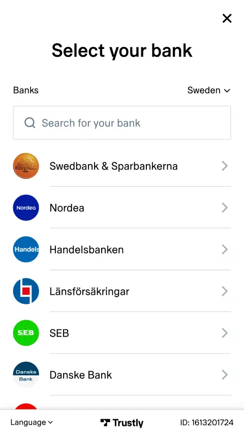 Mobile banking interface displaying a selection of Swedish banks for payment processing.