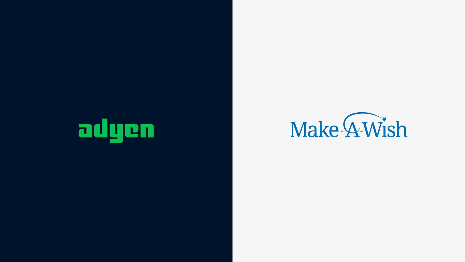 Adyen and Make-A-Wish logos on a split dark blue background.