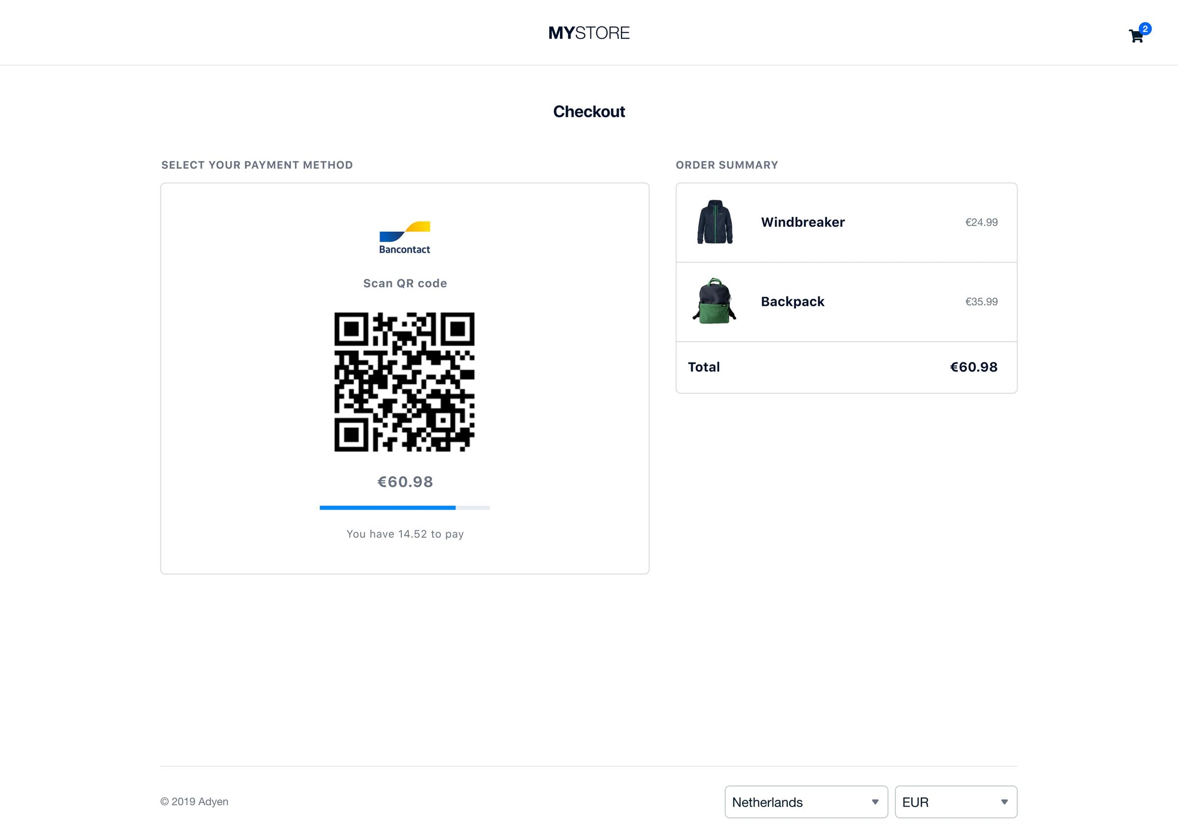 Checkout screen with payment method selection and QR code for payment using Bancontact via Adyen.