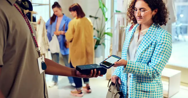 Cliente utilizando un teléfono móvil para realizar un pago sin contacto en un lector de tarjetas portátil.