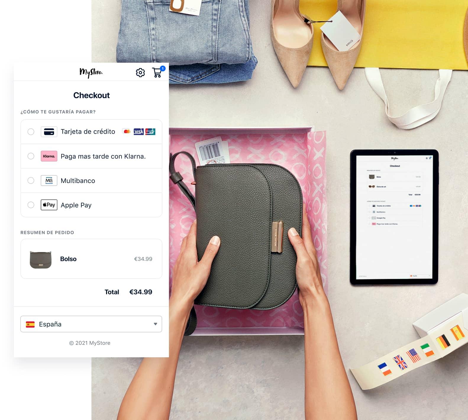 Vista general de una pantalla de pago en línea que ofrece opciones de pago, incluyendo tarjeta de crédito y Apple Pay.