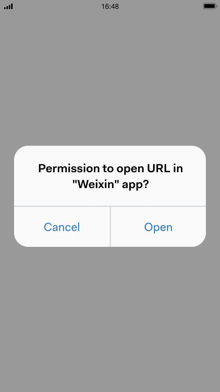 Pop-up message asking for permission to open a URL in the 'Weixin' app with 'Cancel' and 'Open' options.