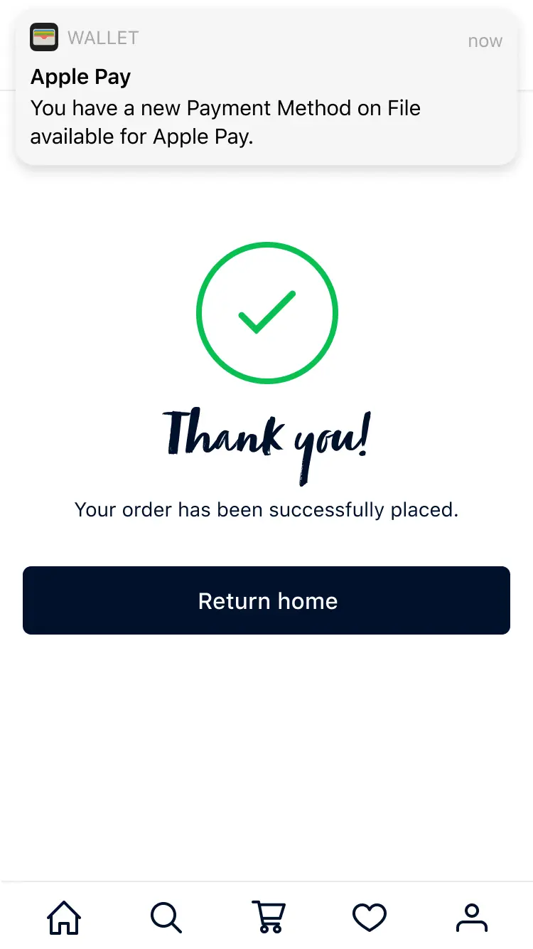 Confirmation screen showing successful addition of a new payment method for Apple Pay with a 'Thank you' message.