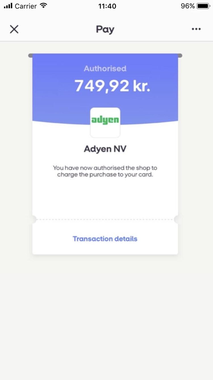 Adyen payment confirmation screen showing an authorised transaction for 749,92 kr.