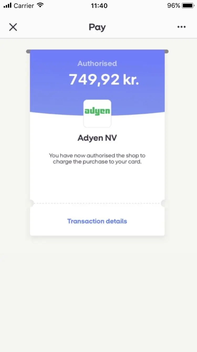 Adyen payment confirmation screen showing an authorised transaction for 749,92 kr.