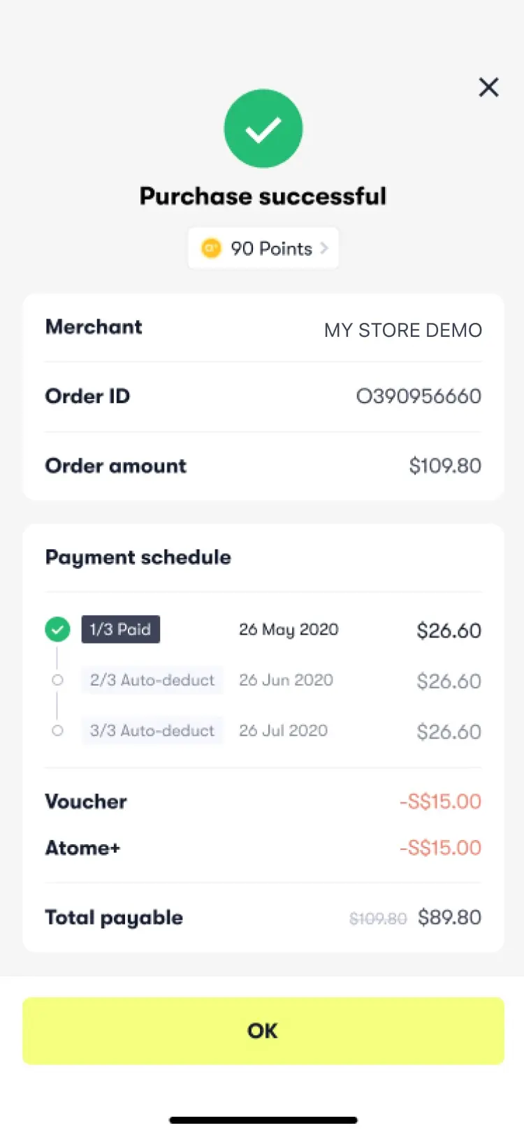 Mobile payment confirmation screen showing successful purchase, points earned, and payment schedule.