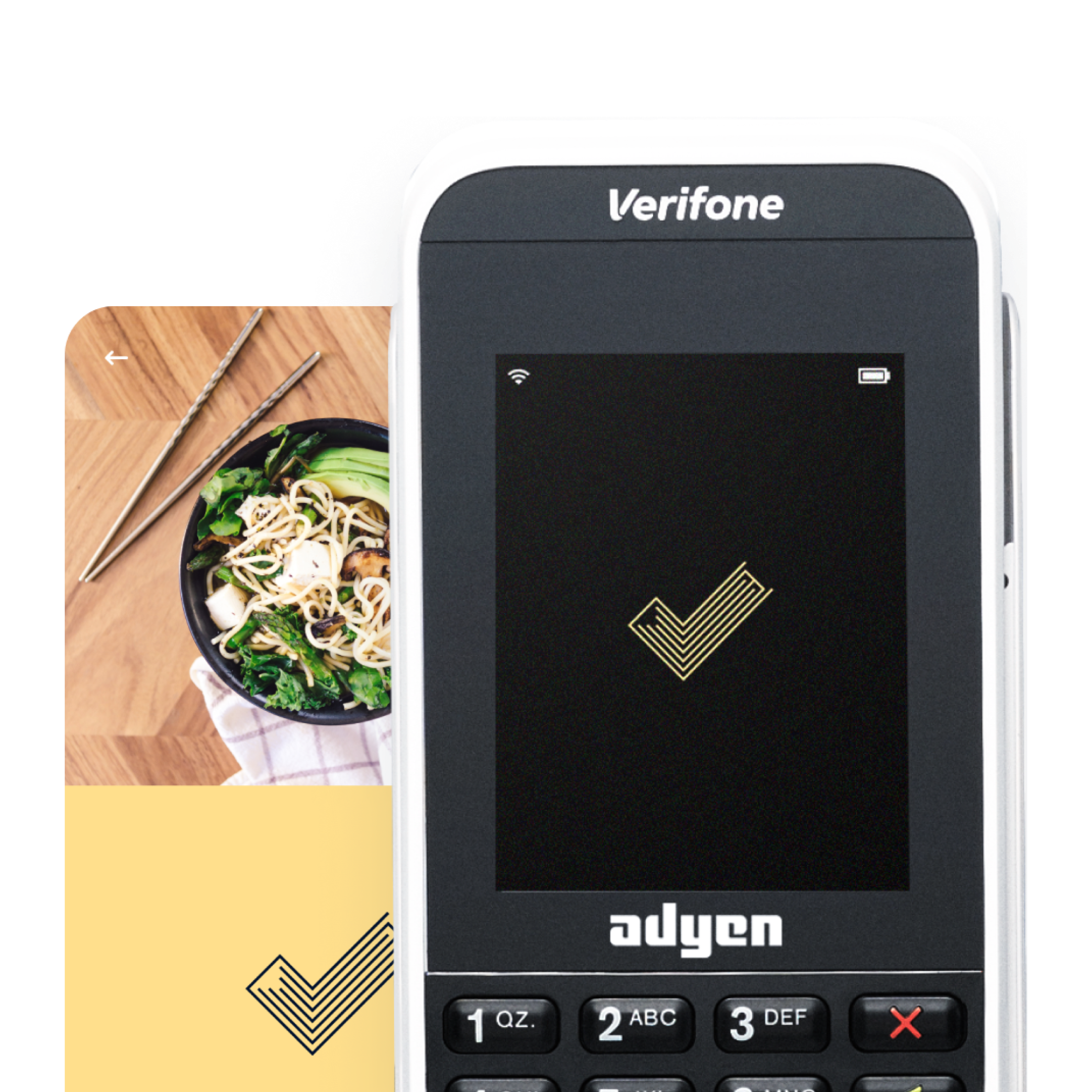 Adyen payment terminal with a checkmark on the screen next to a bowl of noodles.