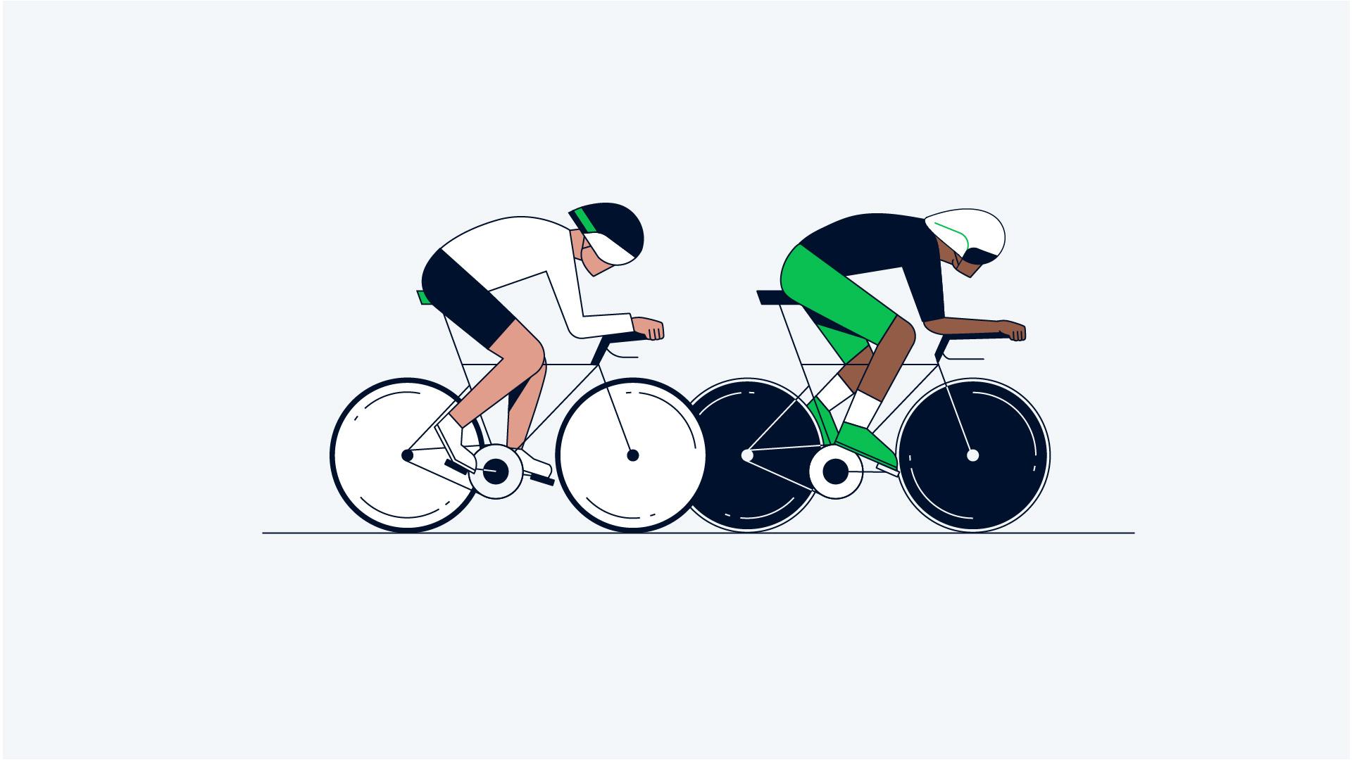 Two stylized cyclists in a race with white and green attire respectively.