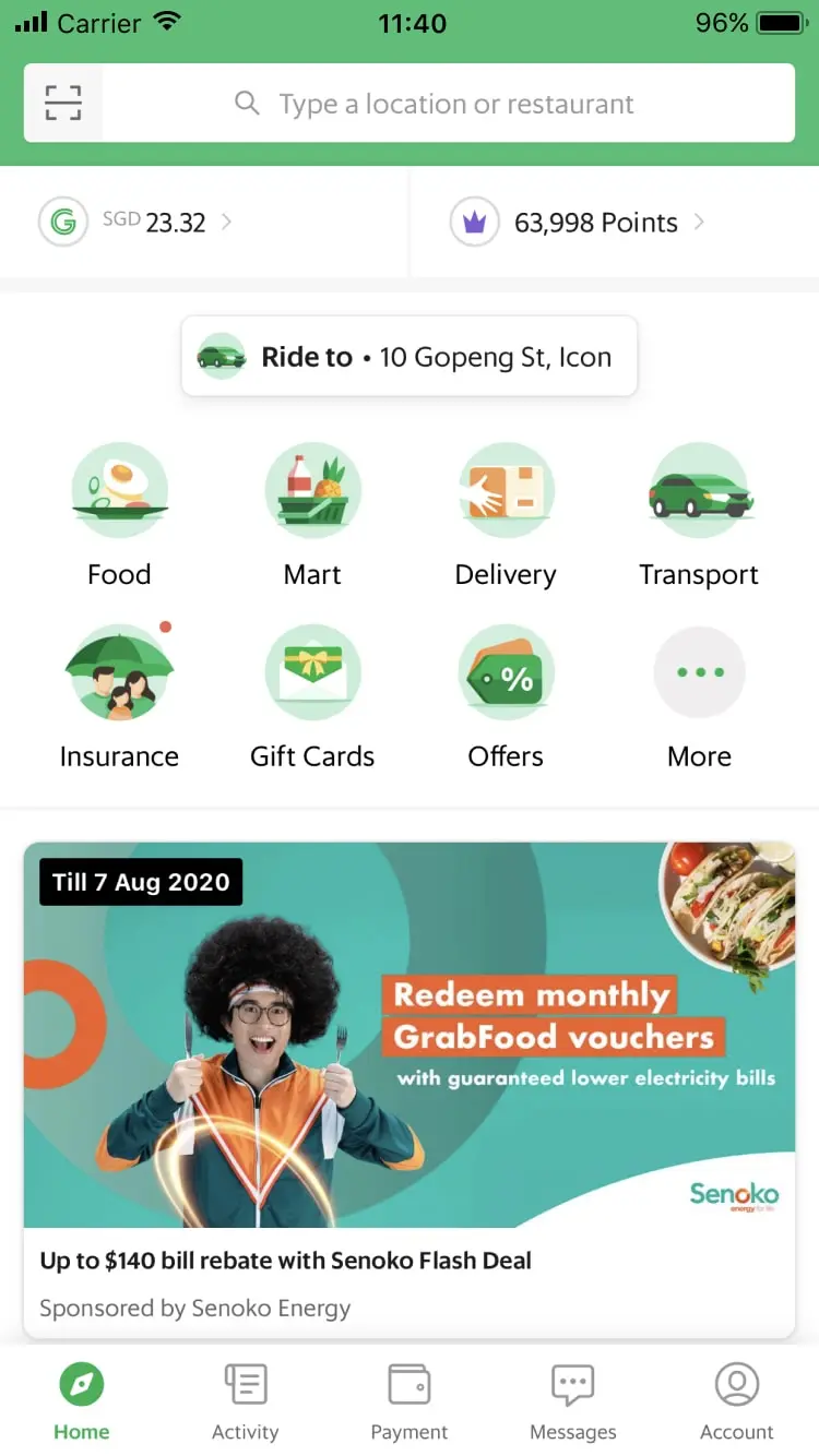 Mobile app interface showing services like food, mart, delivery, transport, insurance, gift cards, and offers with promotional banners.