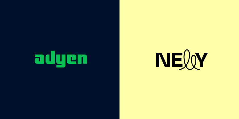 Adyen x Nelly logos on a split background.