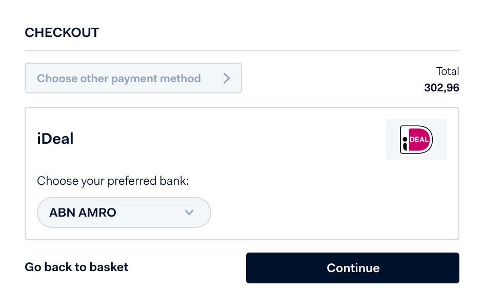 Schermo di pagamento con opzione di pagamento iDeal e menu a discesa per la selezione della banca