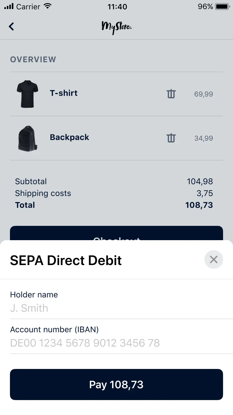 Mobile screen showing a shopping cart with a T-shirt and backpack, and the Adyen SEPA Direct Debit payment option.