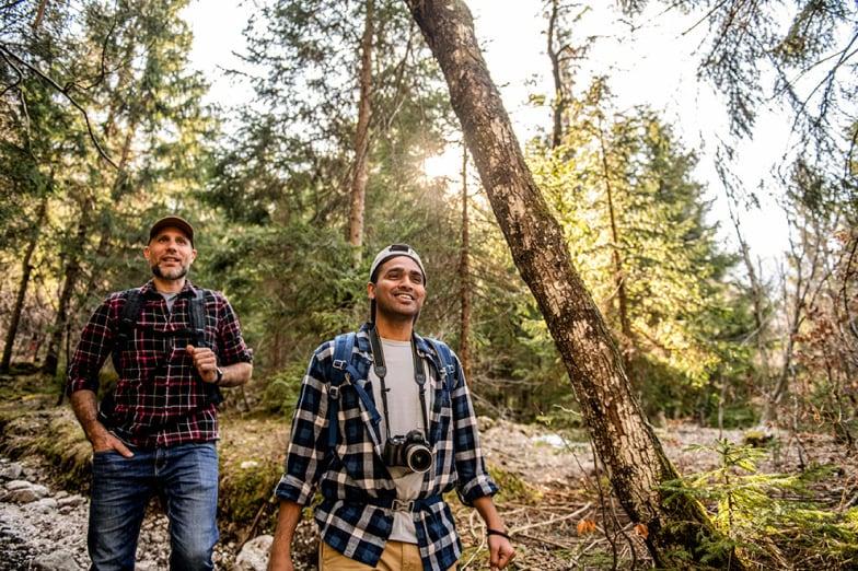 Deux hommes randonnent dans la forêt avec l'un tenant un appareil photo.