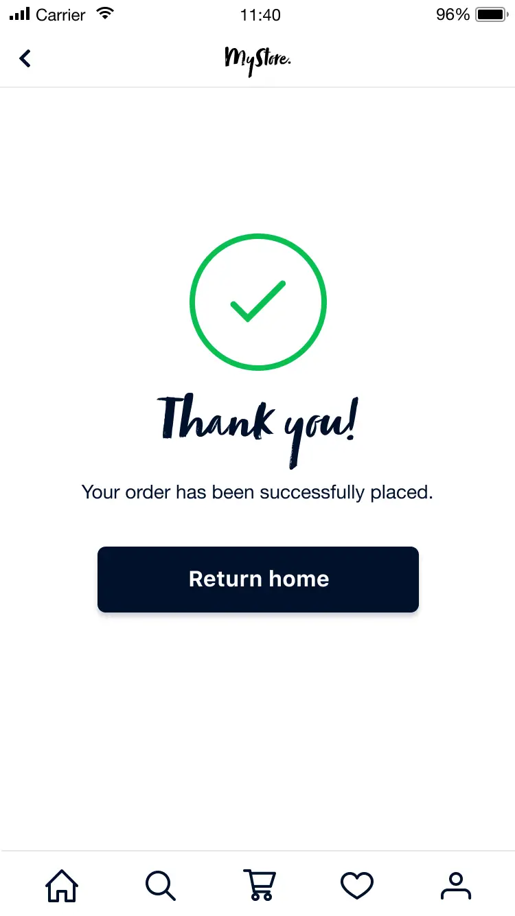 Confirmation screen on mobile showing a successful order placement with a return home button.