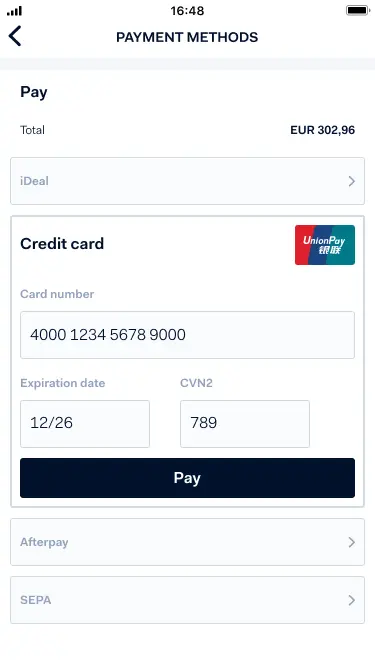Mobile payment methods screen with options for iDeal, credit card, Afterpay, and SEPA.