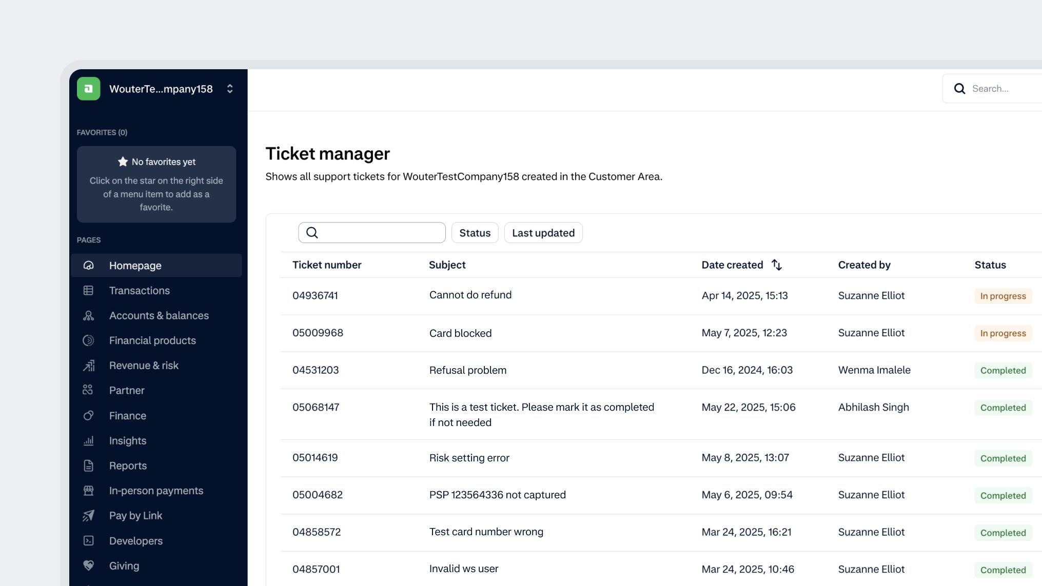 UI screen of Adyen's ticket manager.
