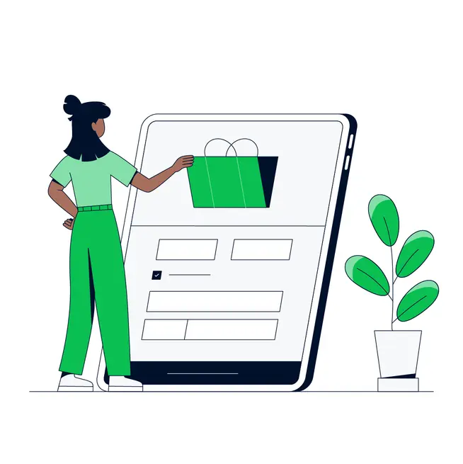Ilustración de una mujer interactuando con un teléfono inteligente grande que muestra un icono de carrito de compras.