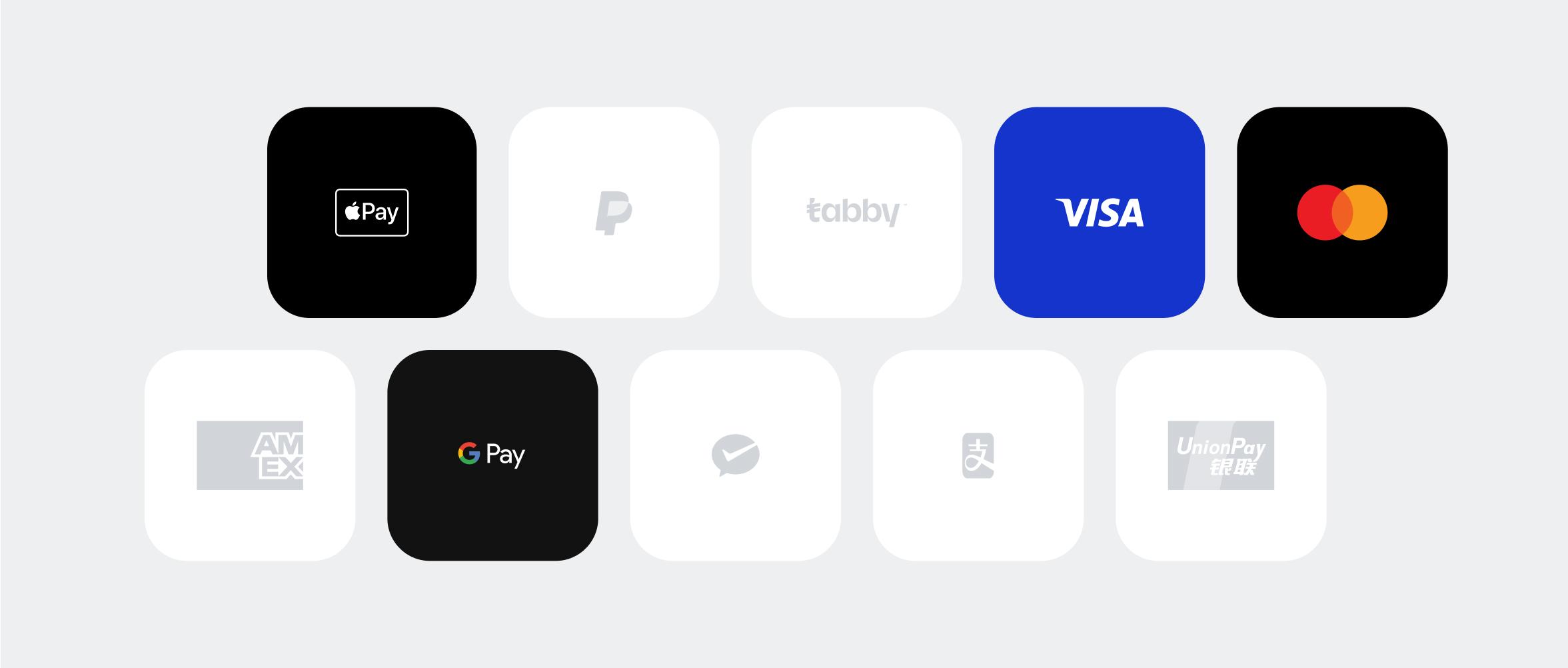 Logos of local payments methods used in the UAE, including among others Visa, GPay, Mastercard and Apple Pay.