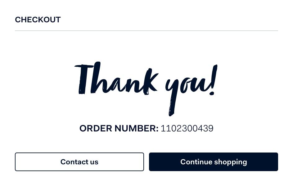 Schermo di completamento del checkout con messaggio di ringraziamento e numero d'ordine visualizzato