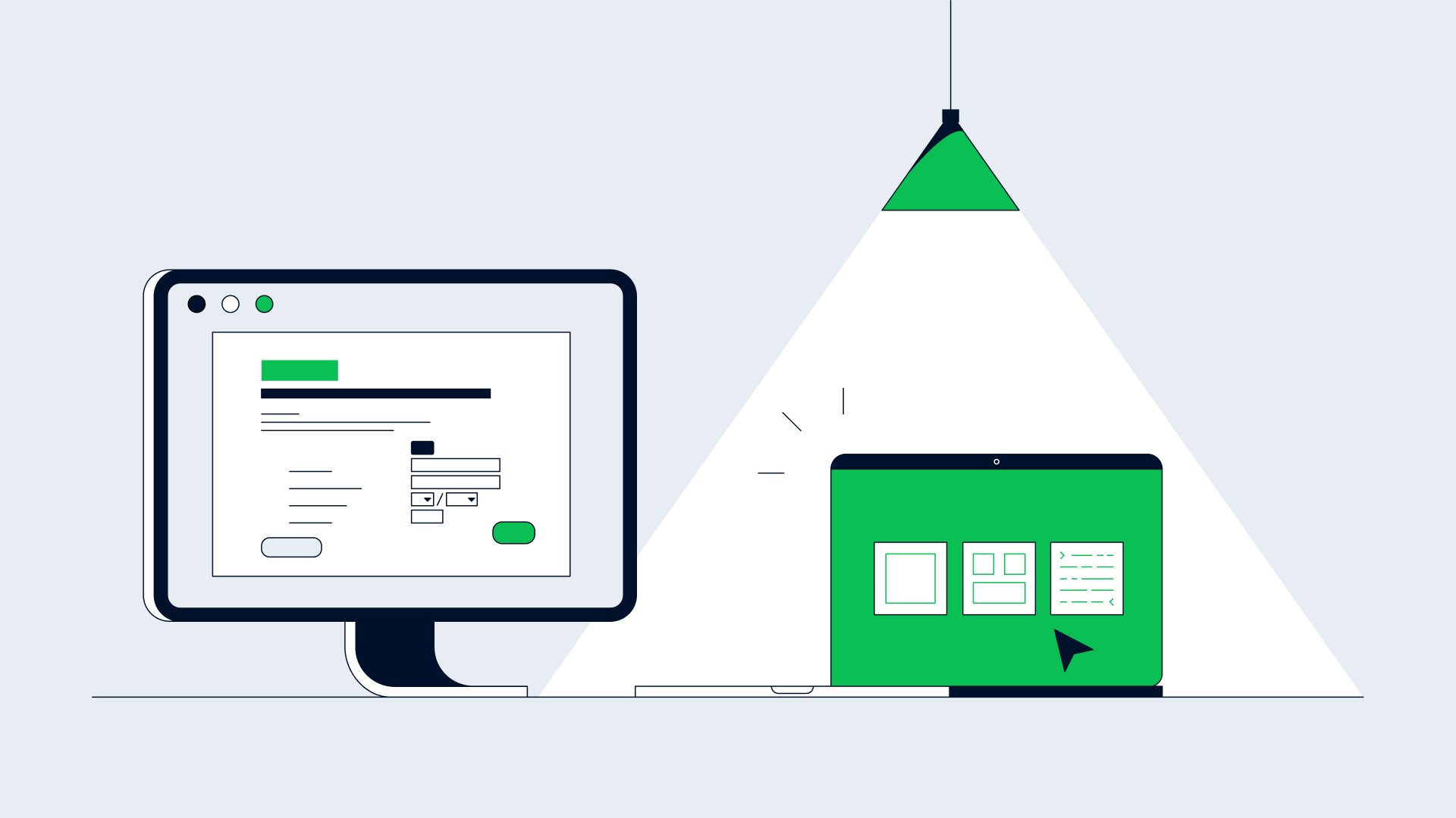 Zwei Monitore zeigen eine Benutzeroberfläche mit einem markanten grünen Element und einem Cursorsymbol.