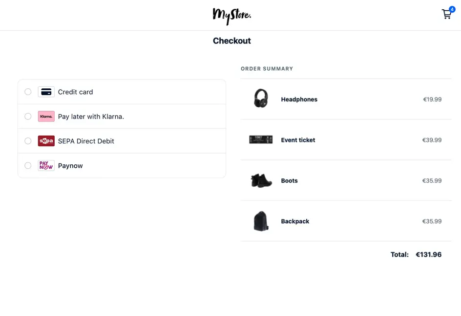Checkout screen with payment options including credit card, Klarna, SEPA Direct Debit, and Paynow, and order summary.