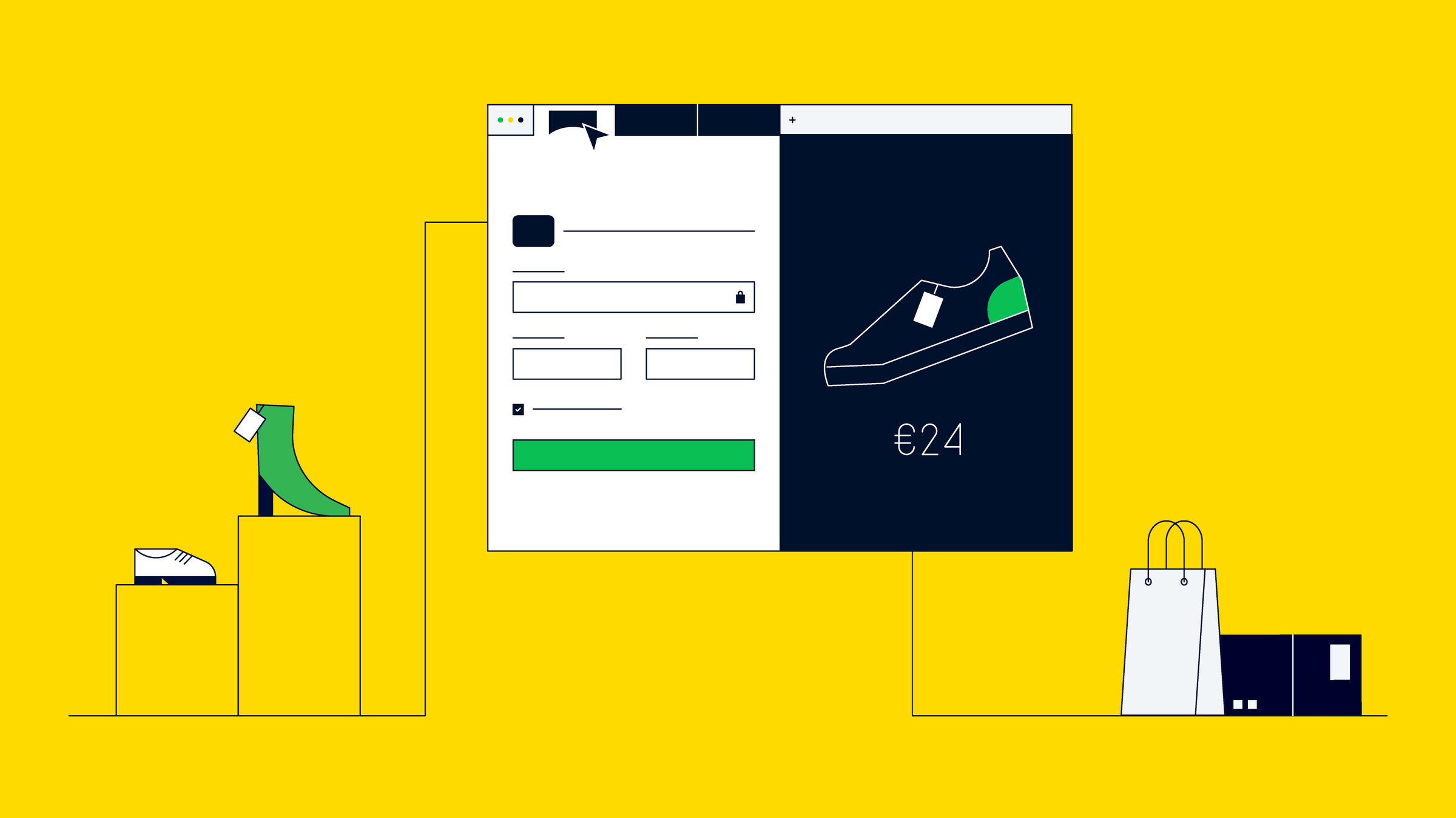 Interfaz de pago en línea estilizada con producto de zapato y precio mostrado.