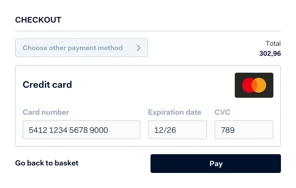 Checkout interface with credit card payment option showing card number, expiration date, and CVC.