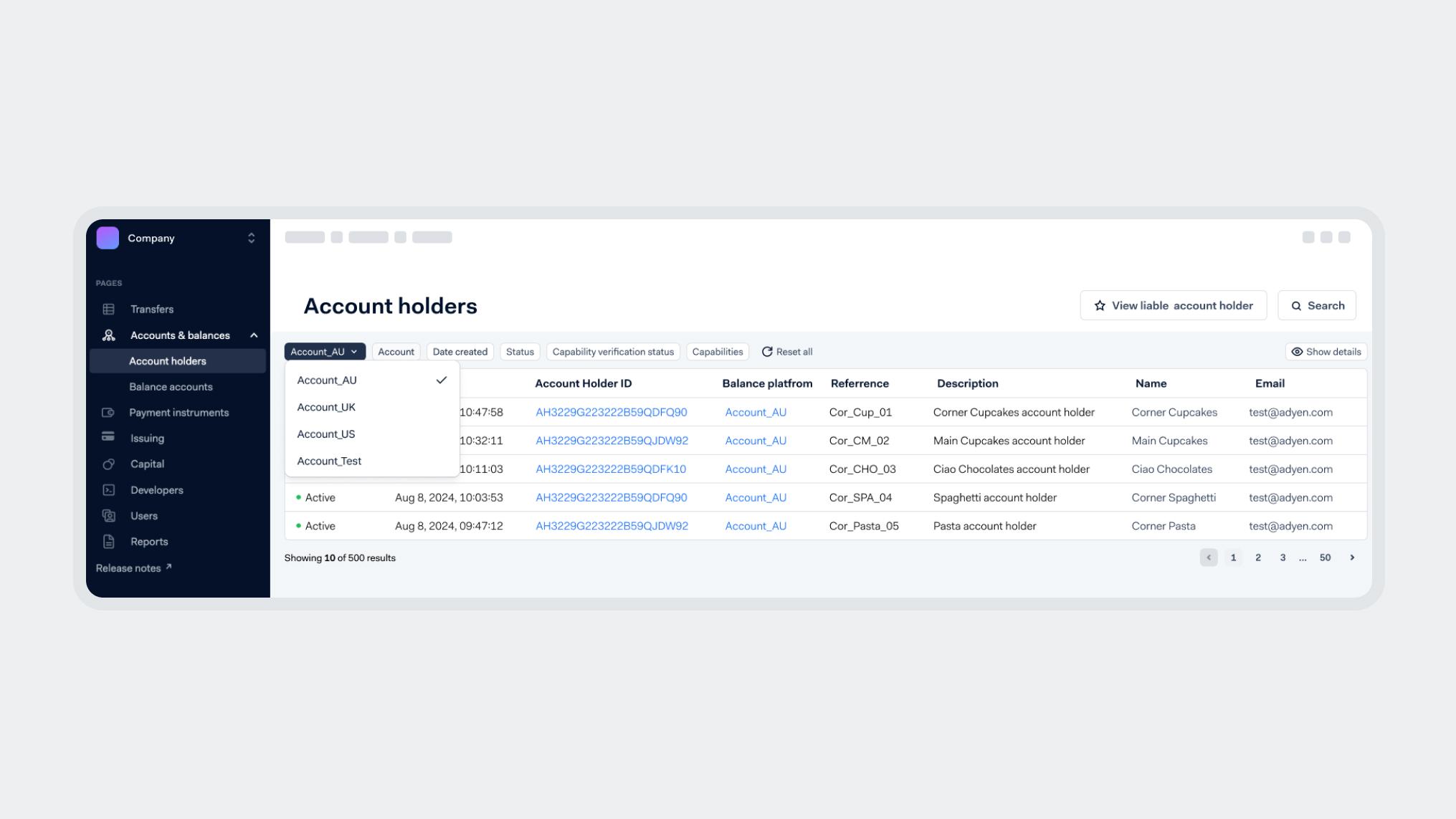 account holders UI screen customer area
