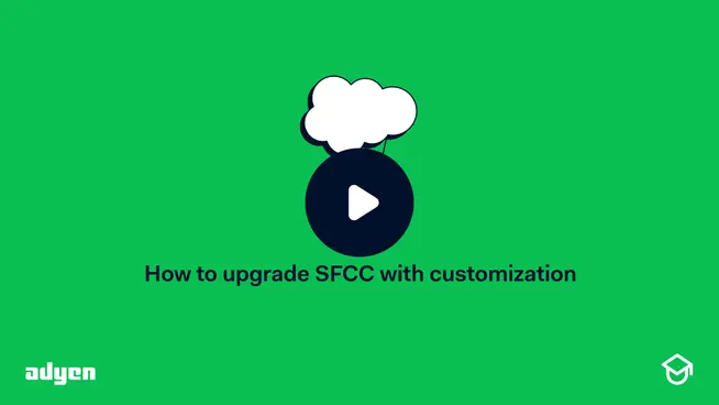 Graphic with play button titled 'How to upgrade SFCC with customization' on a green background with Adyen branding.