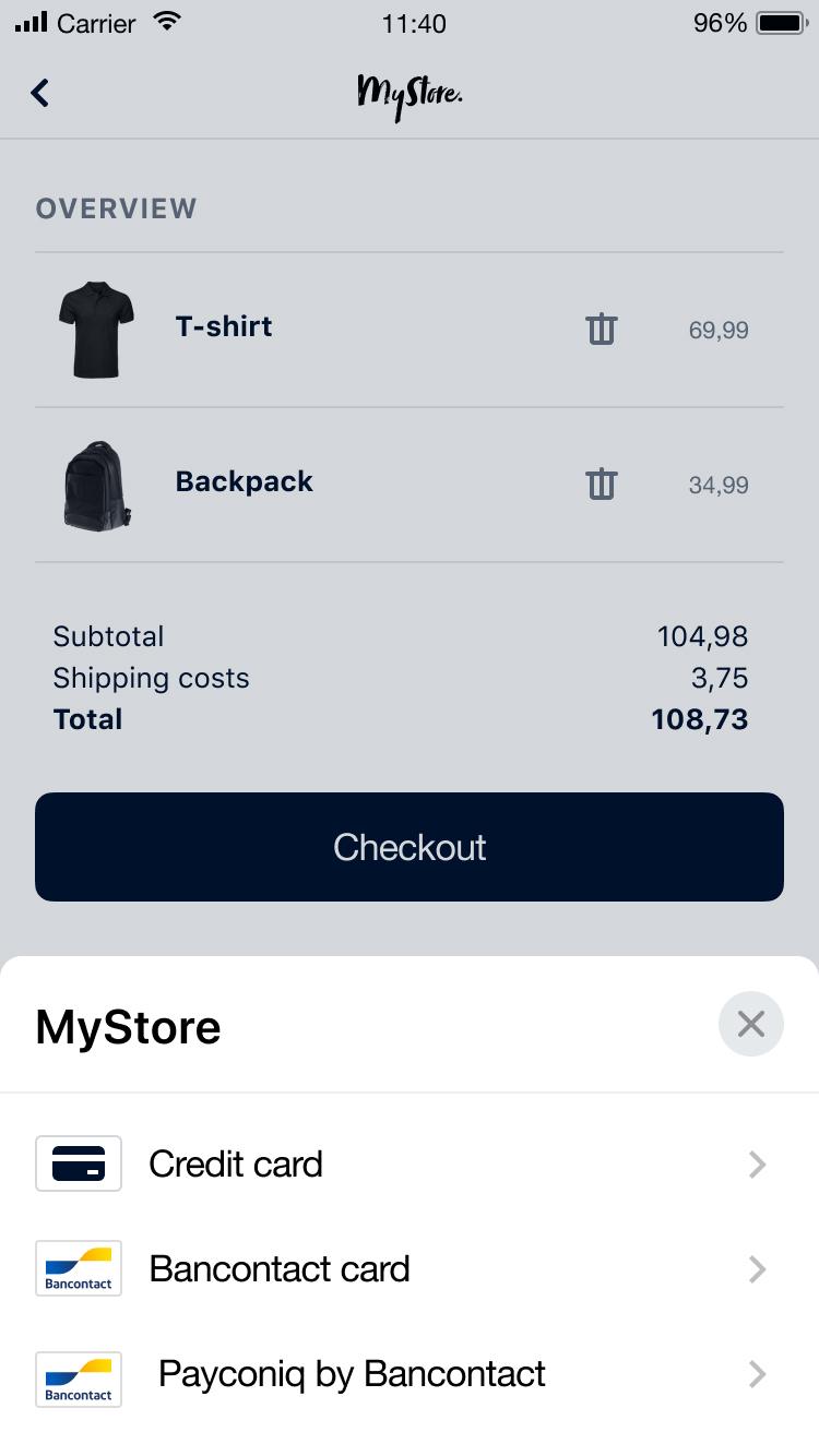 Mobile shopping cart screen displaying items for purchase and payment options including Payconiq by Bancontact.